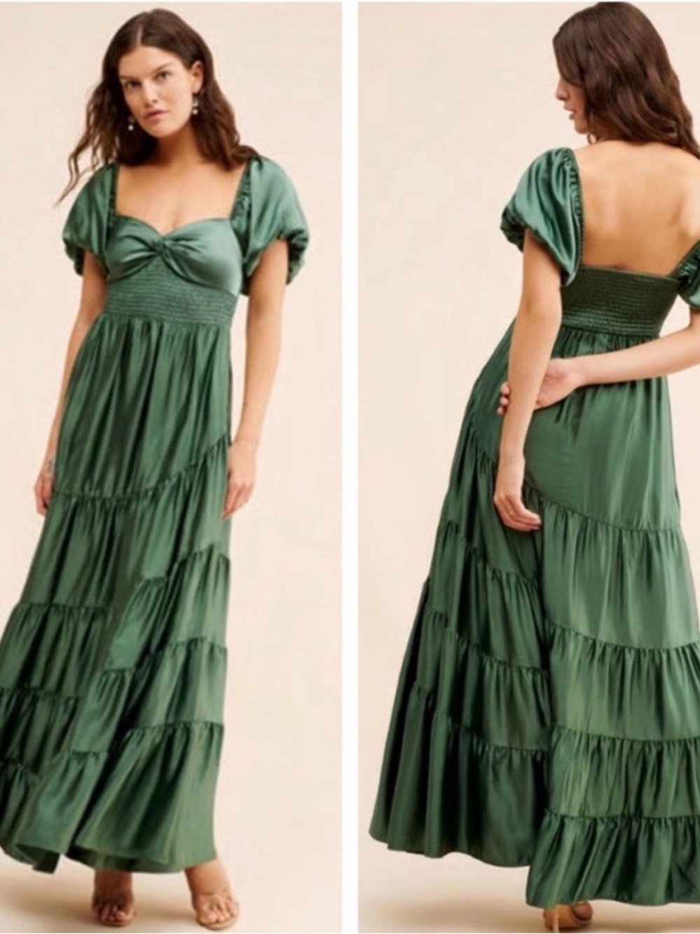Free People Emerald Green Puff-Sleeve Tiered Maxi Dress